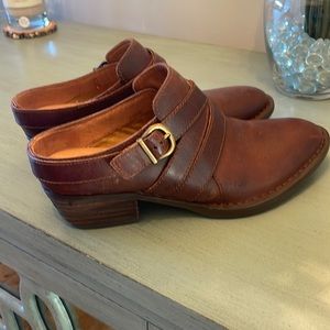 Brown leather born booties